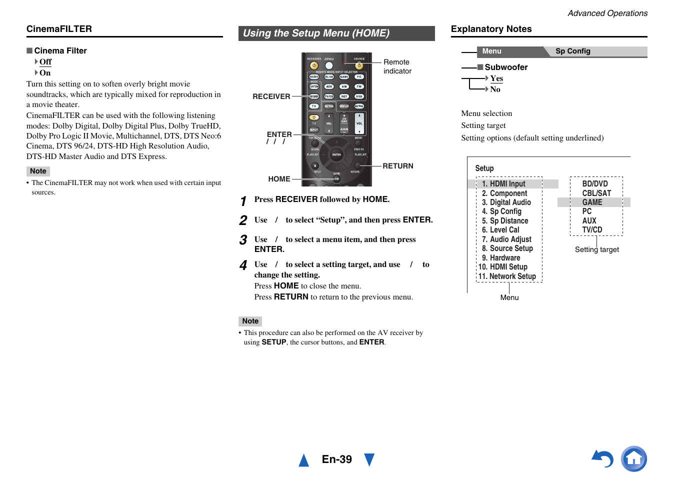 Using the setup menu (home), See “using the setup menu (home)” f, See “using the setup menu (home) | En-39 | Onkyo HT-RC440 User Manual | Page 39 / 120