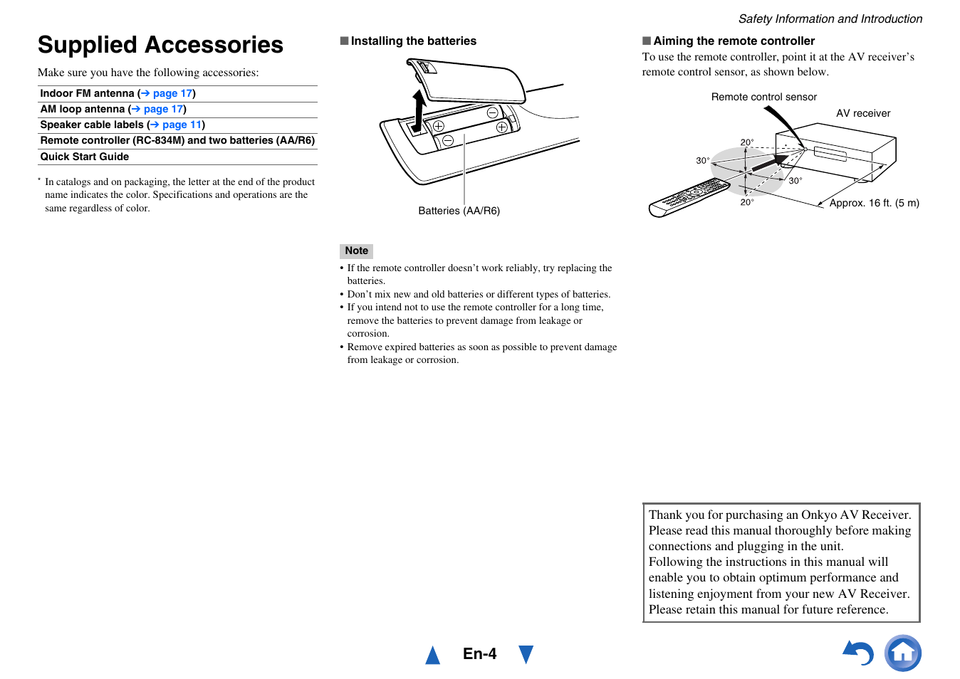 Supplied accessories, En-4 | Onkyo HT-RC440 User Manual | Page 4 / 120