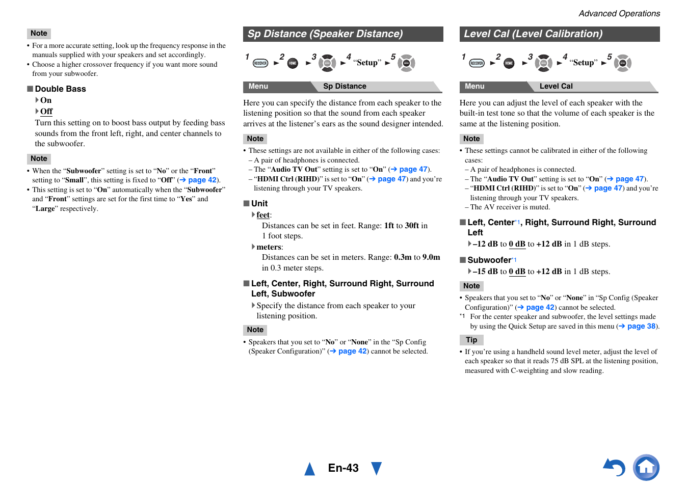 Sp distance (speaker distance), Level cal (level calibration), Go to “level cal (level calibration) | En-43 | Onkyo HT-RC440 User Manual | Page 43 / 120