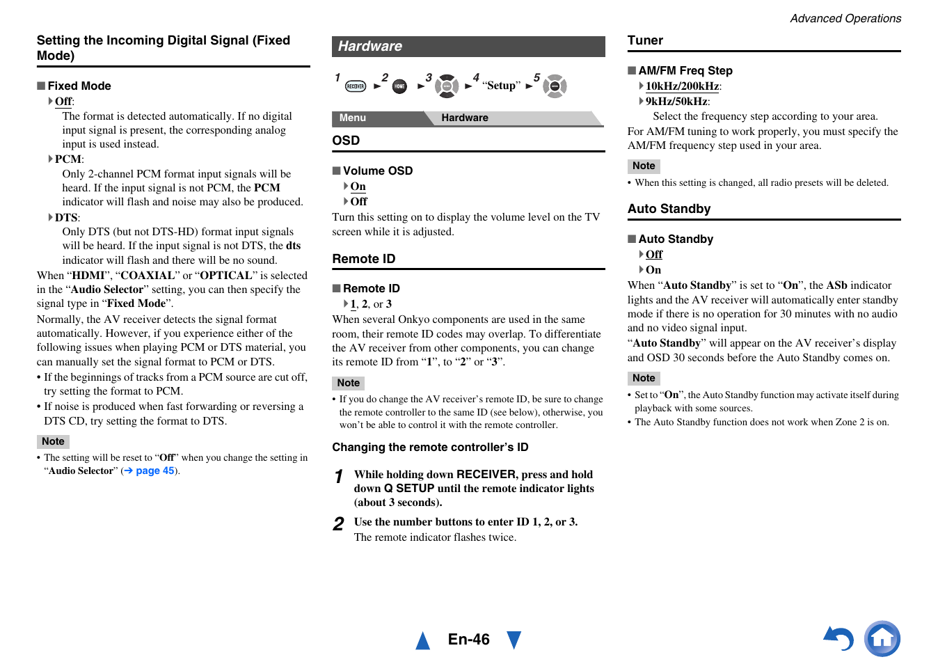 Hardware, See “auto standby, En-46 | Onkyo HT-RC440 User Manual | Page 46 / 120