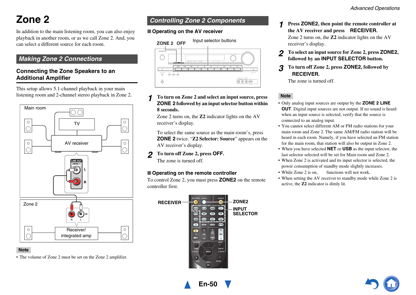 Zone 2, Making zone 2 connections, Controlling zone 2 components | Cator, En-50 | Onkyo HT-RC440 User Manual | Page 50 / 120
