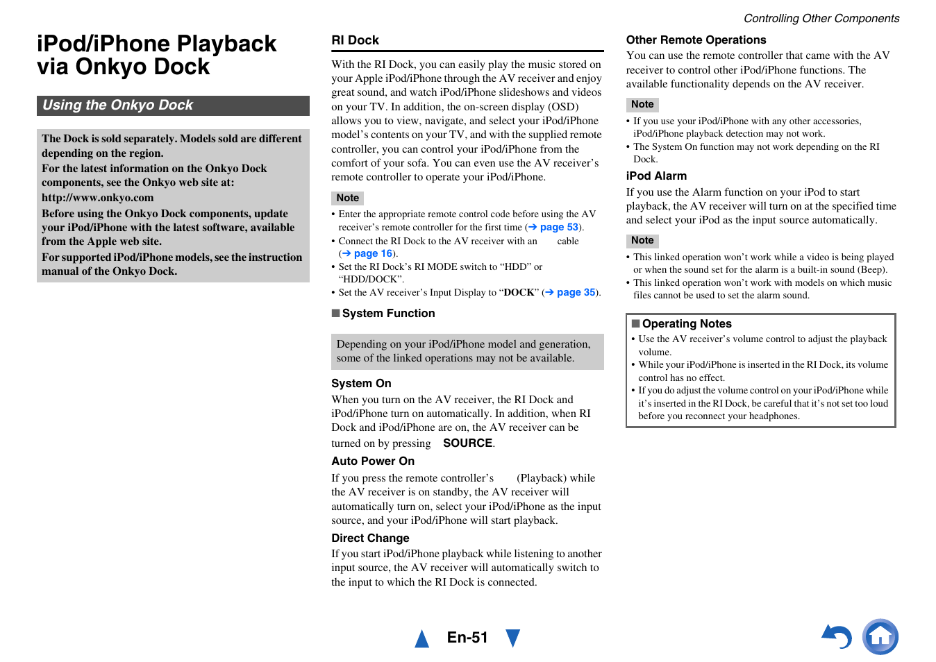 Controlling other components, Ipod/iphone playback via onkyo dock, Using the onkyo dock | En-51 | Onkyo HT-RC440 User Manual | Page 51 / 120