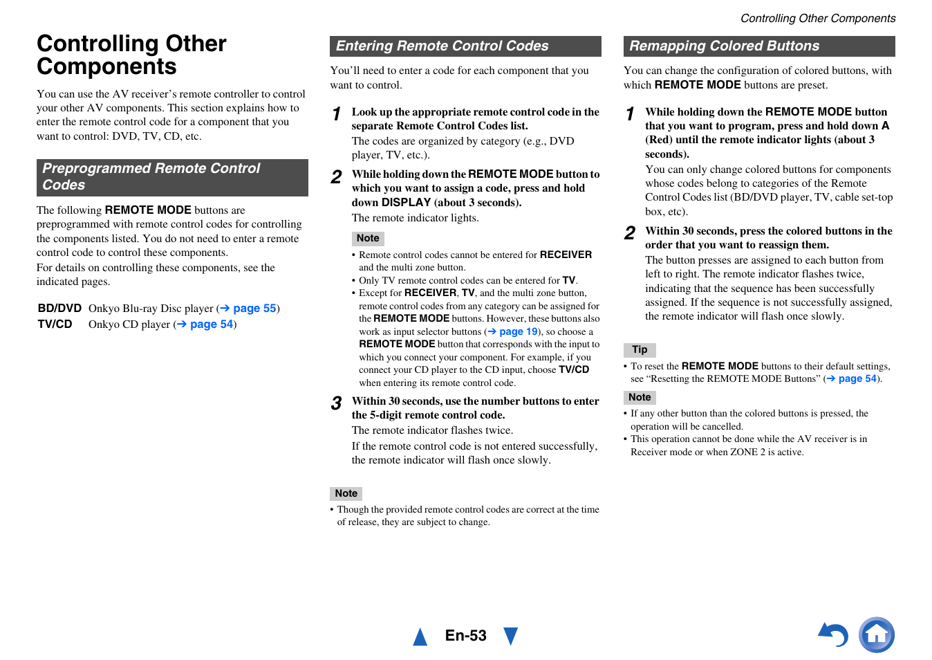 Controlling other components, Preprogrammed remote control codes, Entering remote control codes | Remapping colored buttons, Entering remote control codes” f, E “entering remote control codes, Ails, See “entering remote control codes” for details | Onkyo HT-RC440 User Manual | Page 53 / 120