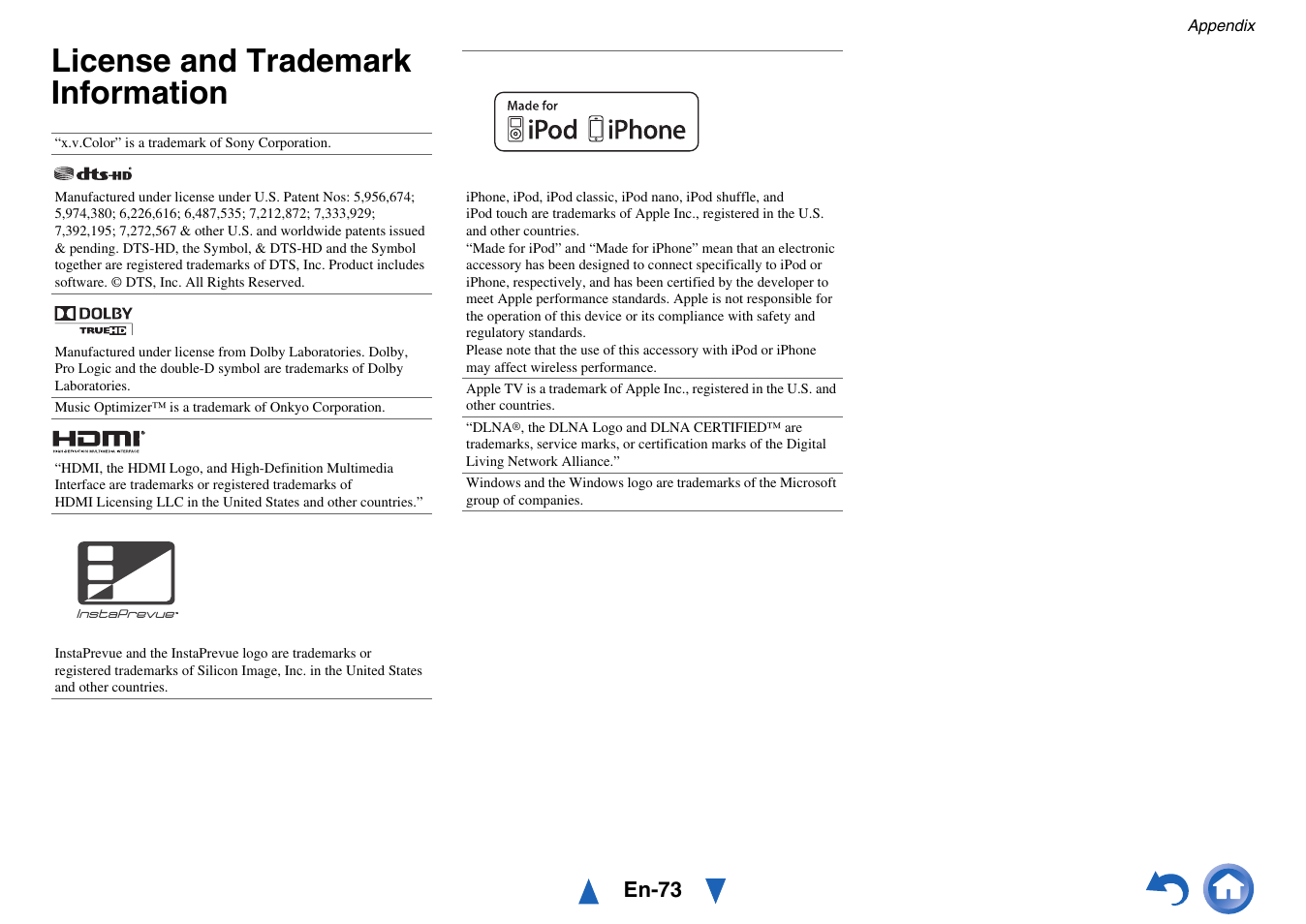 License and trademark information, En-73 | Onkyo HT-RC440 User Manual | Page 73 / 120