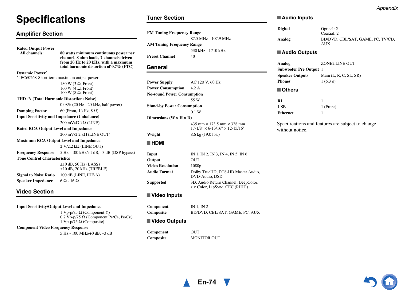 Specifications, En-74 | Onkyo HT-RC440 User Manual | Page 74 / 120