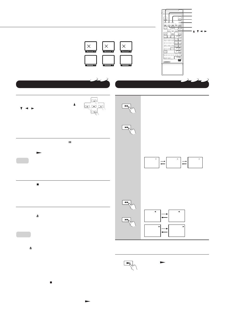 Direct playback, stop and pause, Fast reverse and fast forward playback, Playing back discs | Continued), Direct playback via the on-screen menu, Pausing playback: still mode, Stopping playback, Removing a disc | Onkyo DV-C501 User Manual | Page 16 / 44