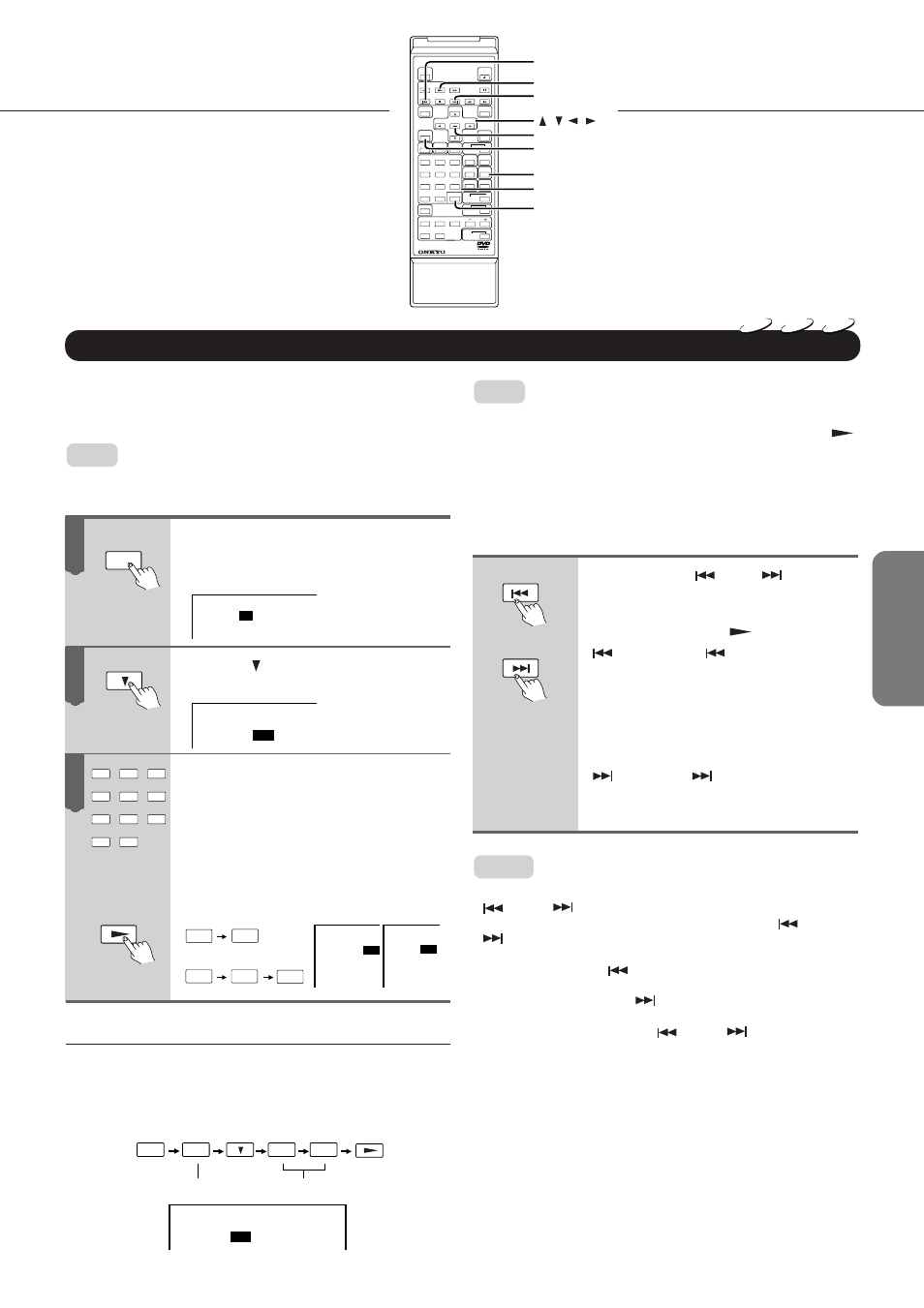 Selecting chapters or tracks, Direct selection using the numeric buttons, Selecting the next/previous chapter or track | Selecting titles and chapters simultaneously | Onkyo DV-C501 User Manual | Page 19 / 44