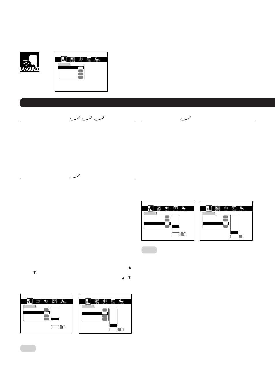 Language functions, Advanced settings, Continued) | On-screen language, Disc menu language, Audio language | Onkyo DV-C501 User Manual | Page 34 / 44