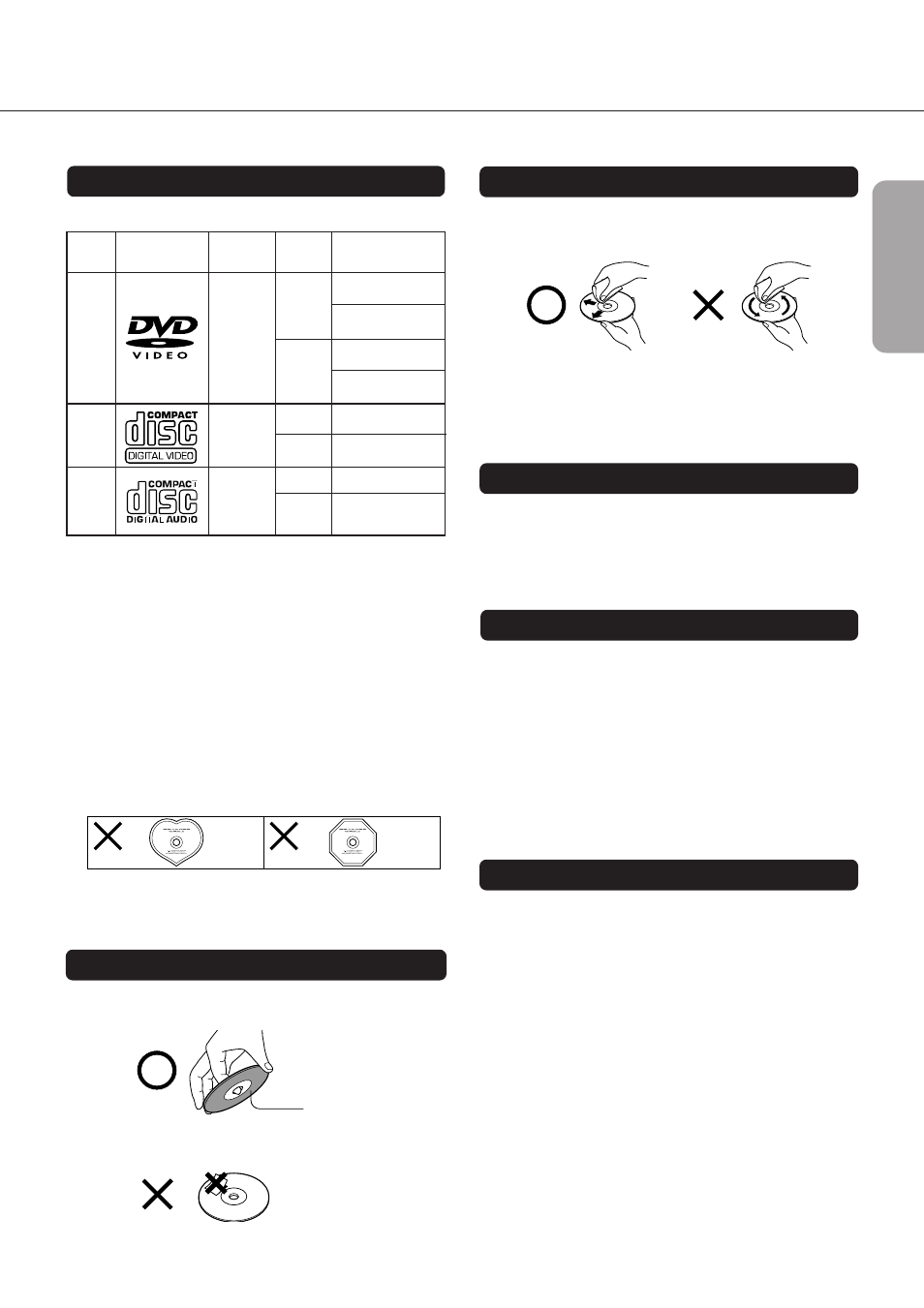 Notes on the discs you can use with this unit, Discs you can use, Handling discs from these discs will be distorted | Cleaning discs, Storing discs, About video cds, Notes on copyright, Handling discs | Onkyo DV-C501 User Manual | Page 9 / 44