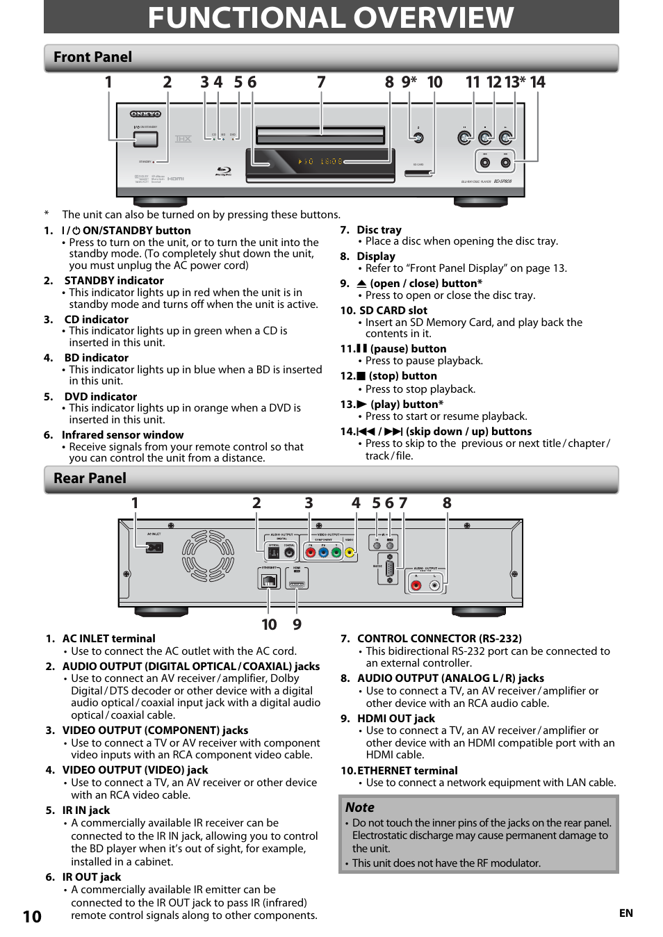 Functional overview, Front panel, Rear panel | Front panel rear panel | Onkyo BD-SP808 User Manual | Page 10 / 64