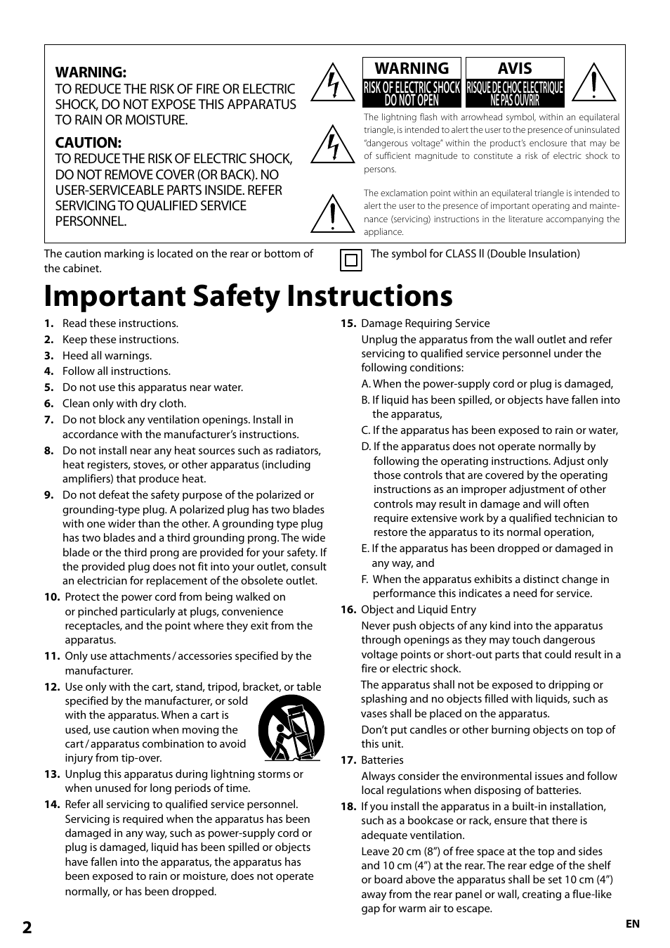 Important safety instructions, Warning, Caution | Onkyo BD-SP808 User Manual | Page 2 / 64