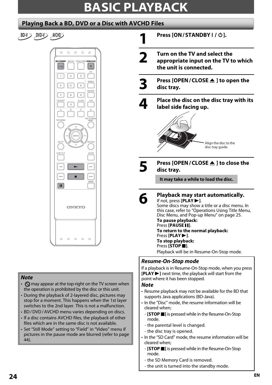 Basic playback, Playing back a bd, dvd or a disc with avchd files | Onkyo BD-SP808 User Manual | Page 24 / 64