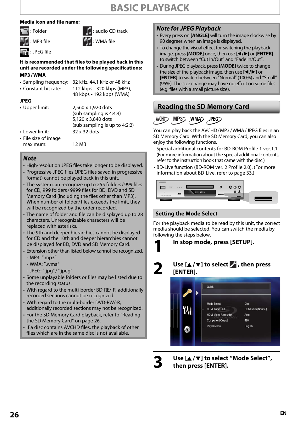 Reading the sd memory card, Basic playback, Use [ k / l ] to select , then press [enter | Onkyo BD-SP808 User Manual | Page 26 / 64