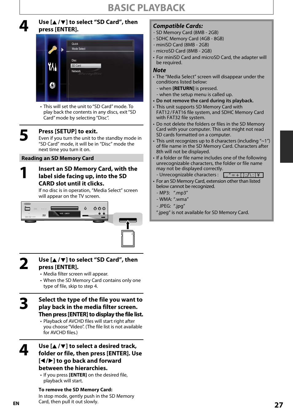 Basic playback | Onkyo BD-SP808 User Manual | Page 27 / 64