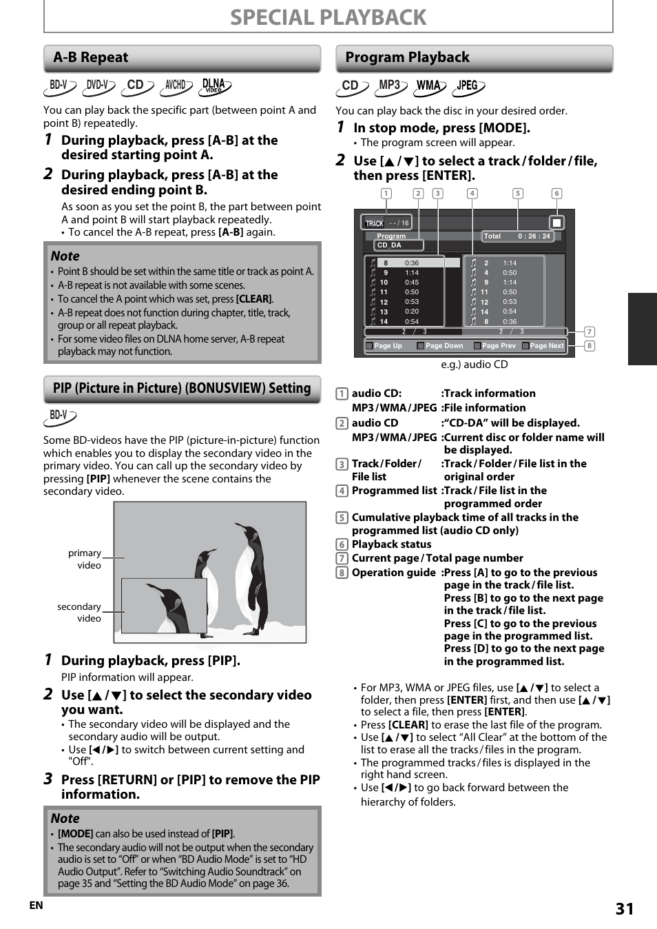 A-b repeat, Pip (picture in picture) (bonusview) setting, Program playback | Special playback, During playback, press [pip | Onkyo BD-SP808 User Manual | Page 31 / 64