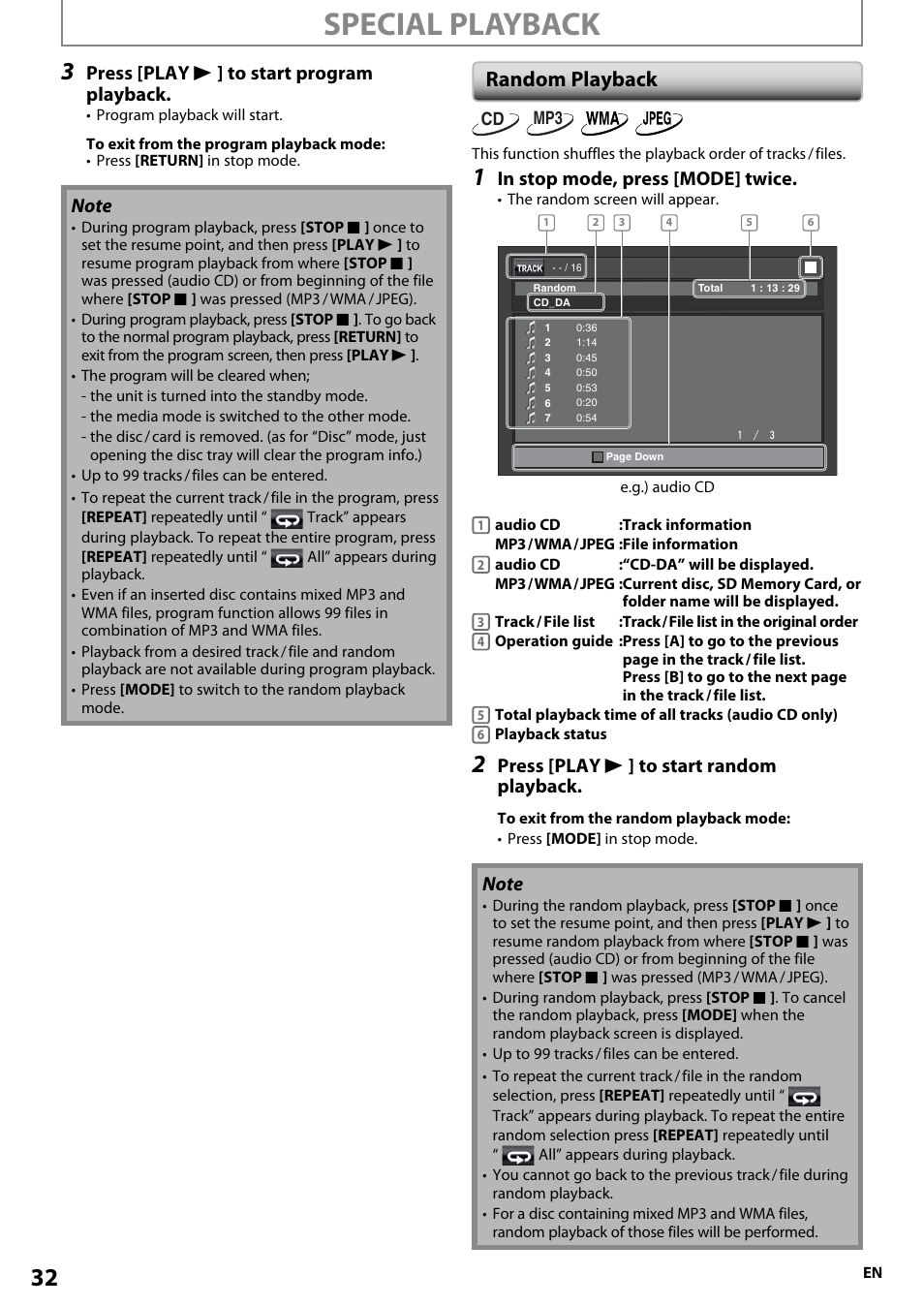 Random playback, Special playback, Press [play b ] to start program playback | Press [play b ] to start random playback | Onkyo BD-SP808 User Manual | Page 32 / 64