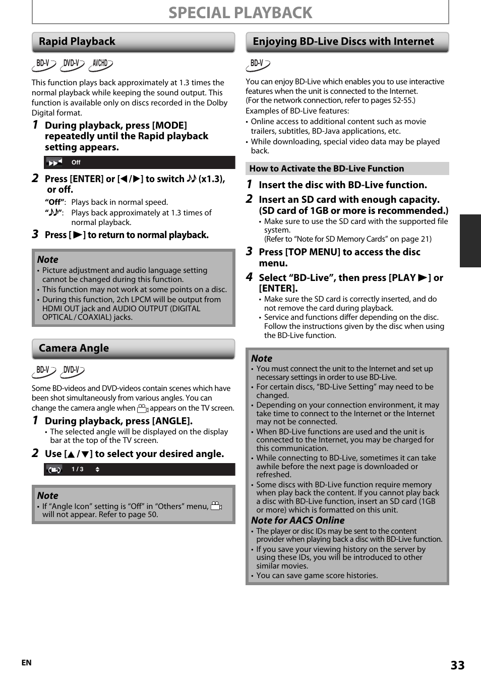 Rapid playback, Camera angle, Enjoying bd-live discs with internet | Special playback | Onkyo BD-SP808 User Manual | Page 33 / 64