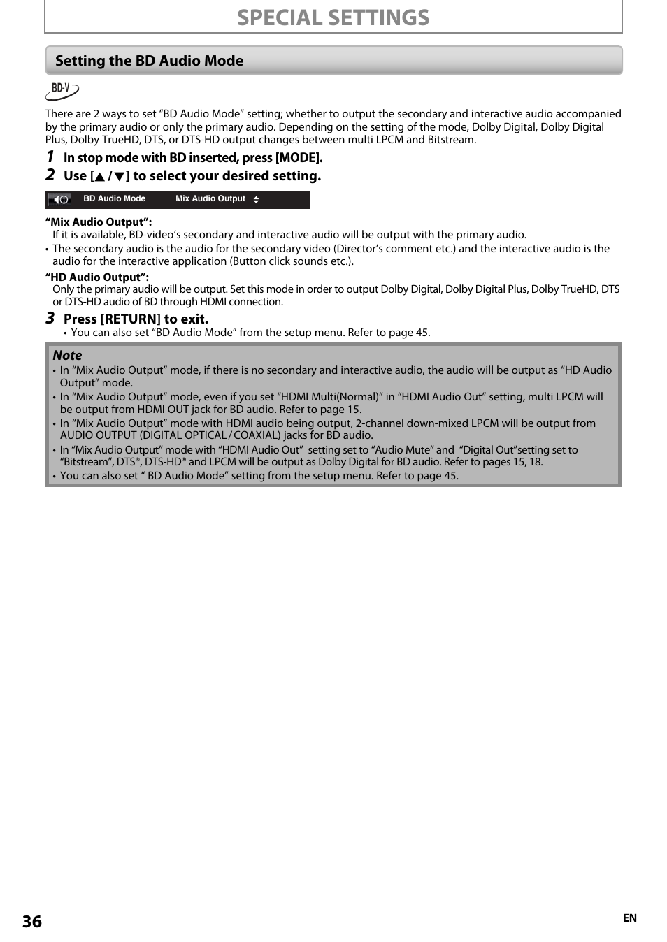 Setting the bd audio mode, Special settings | Onkyo BD-SP808 User Manual | Page 36 / 64