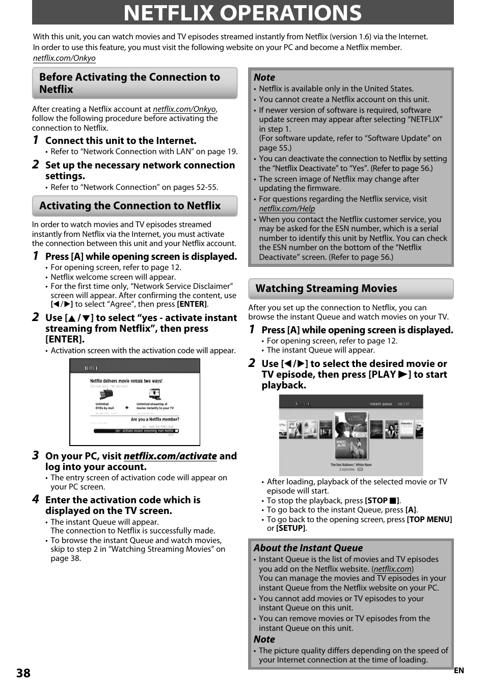 Netflix operations, Before activating the connection tonetflix, Activating the connection to netflix | Watching streaming movies | Onkyo BD-SP808 User Manual | Page 38 / 64