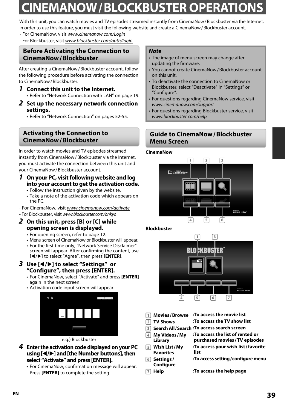 Cinemanow / blockbuster operations, Guide to cinemanow / blockbustermenu screen, Guide to cinemanow / blockbuster menu screen | Onkyo BD-SP808 User Manual | Page 39 / 64