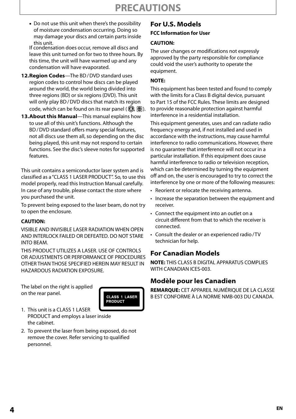 Precautions, For u.s. models, For canadian models | Modèle pour les canadien | Onkyo BD-SP808 User Manual | Page 4 / 64