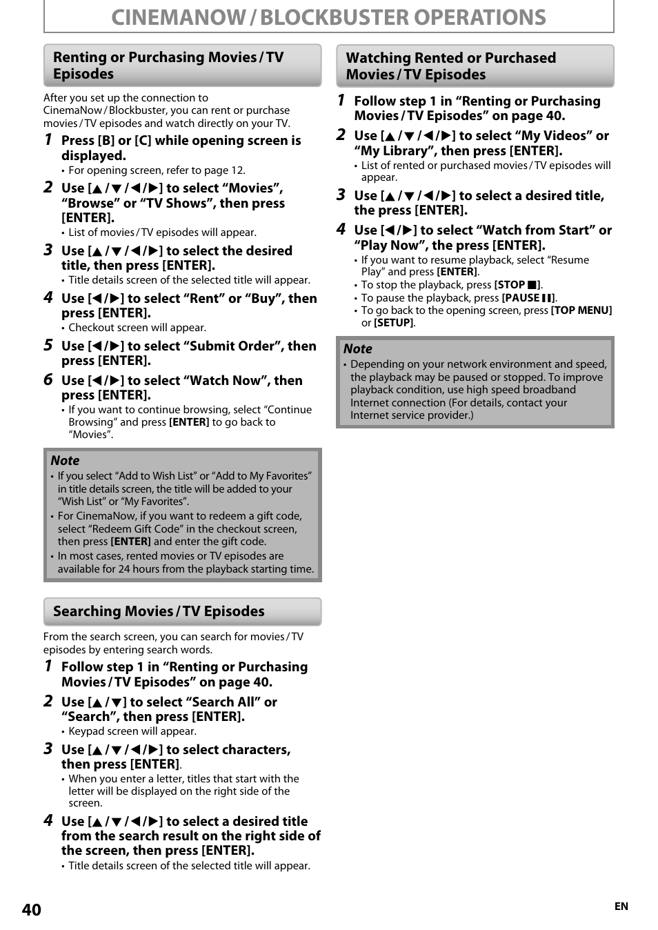 Renting or purchasing movies / tvepisodes, Searching movies / tv episodes, Watching rented or purchasedmovies / tv episodes | Cinemanow / blockbuster operations | Onkyo BD-SP808 User Manual | Page 40 / 64