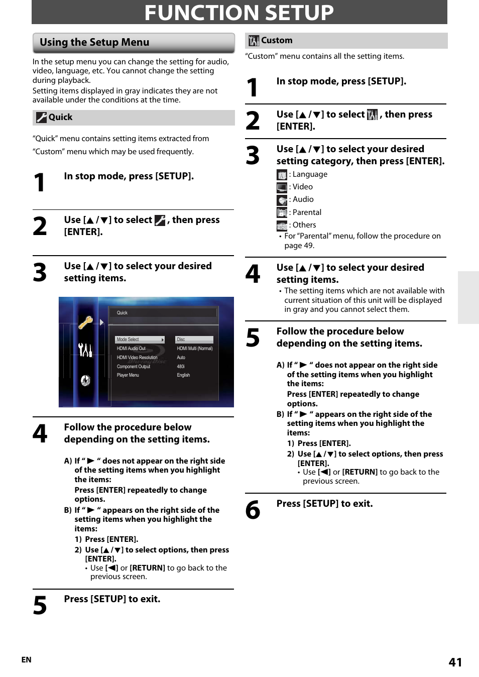 Function setup, Using the setup menu | Onkyo BD-SP808 User Manual | Page 41 / 64