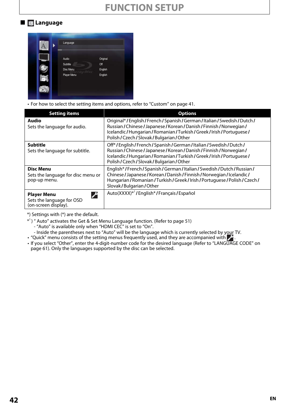 Function setup, Language | Onkyo BD-SP808 User Manual | Page 42 / 64