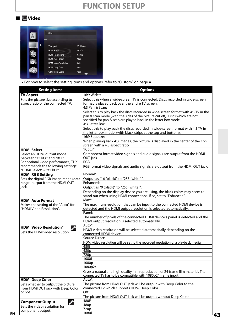 Function setup, Video | Onkyo BD-SP808 User Manual | Page 43 / 64