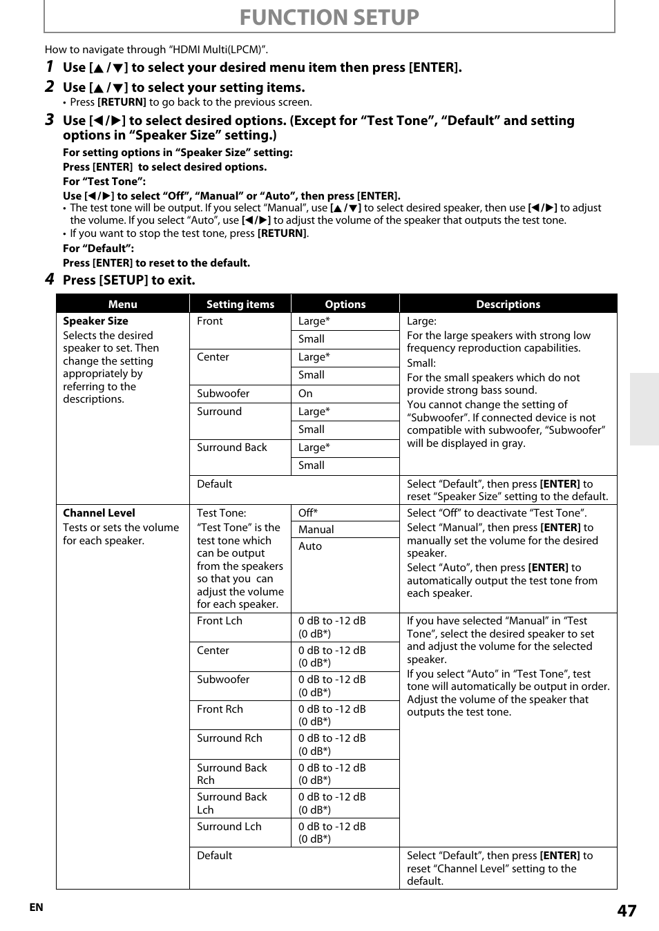 Function setup | Onkyo BD-SP808 User Manual | Page 47 / 64