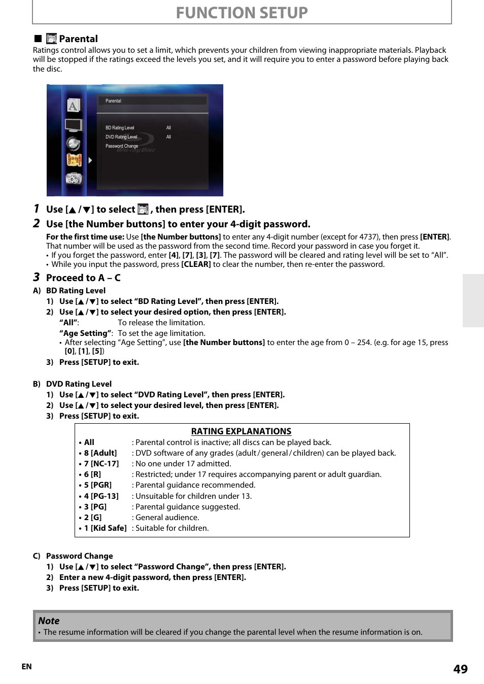 Function setup, Parental, Use [ k / l ] to select , then press [enter | Proceed to a – c | Onkyo BD-SP808 User Manual | Page 49 / 64