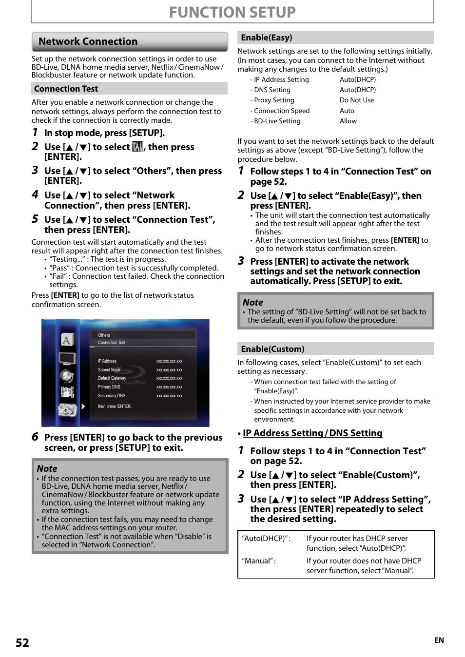 Network connection, Function setup | Onkyo BD-SP808 User Manual | Page 52 / 64