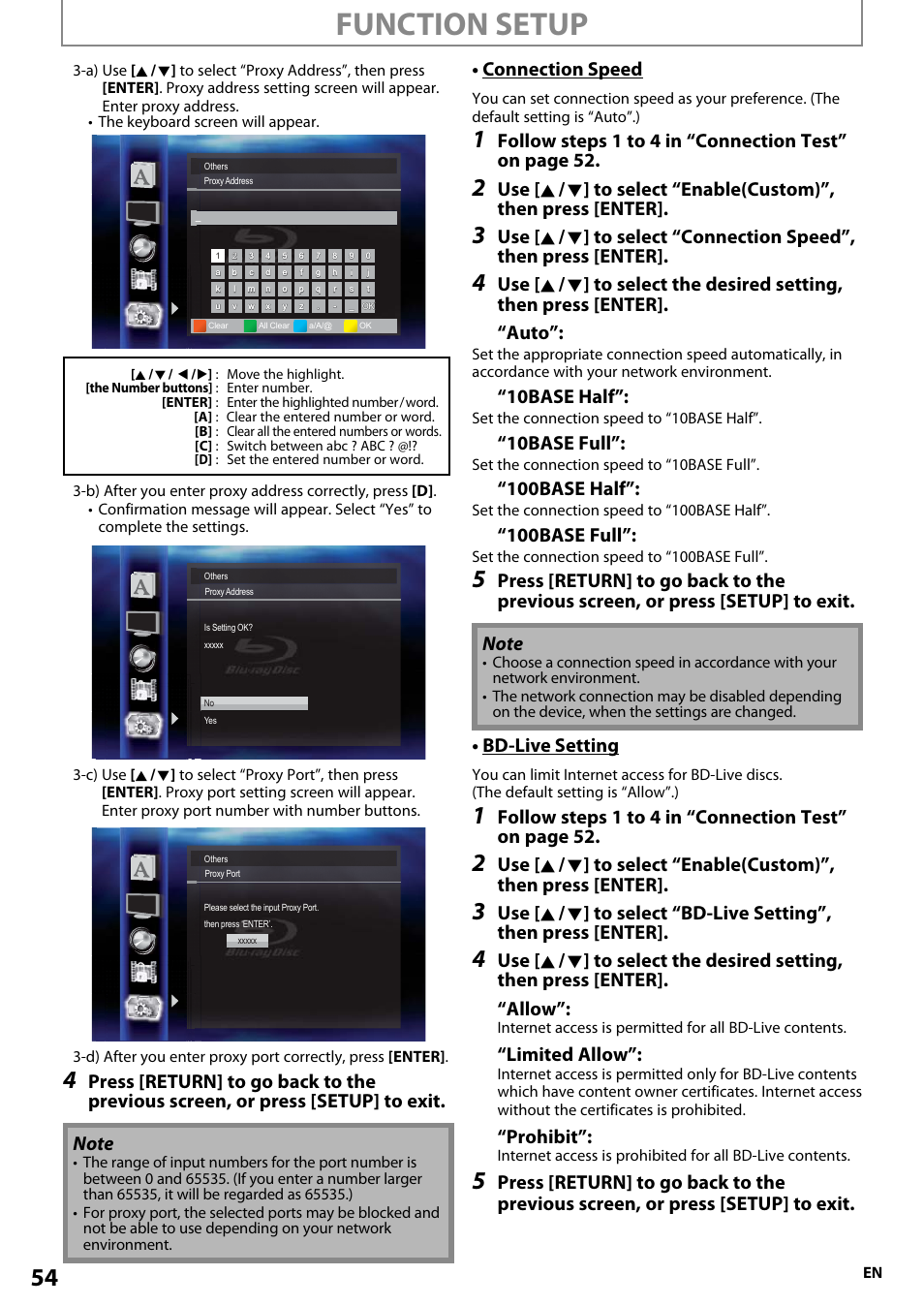 Function setup, Connection speed, Auto | 10base half, 10base full, 100base half, 100base full, Bd-live setting, Allow, Limited allow | Onkyo BD-SP808 User Manual | Page 54 / 64