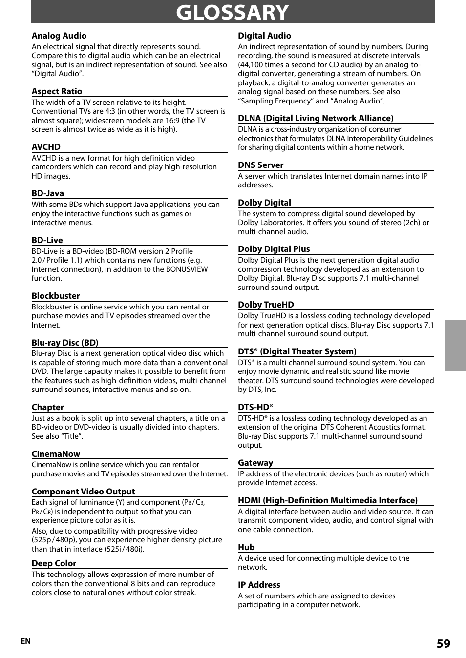 Glossary | Onkyo BD-SP808 User Manual | Page 59 / 64
