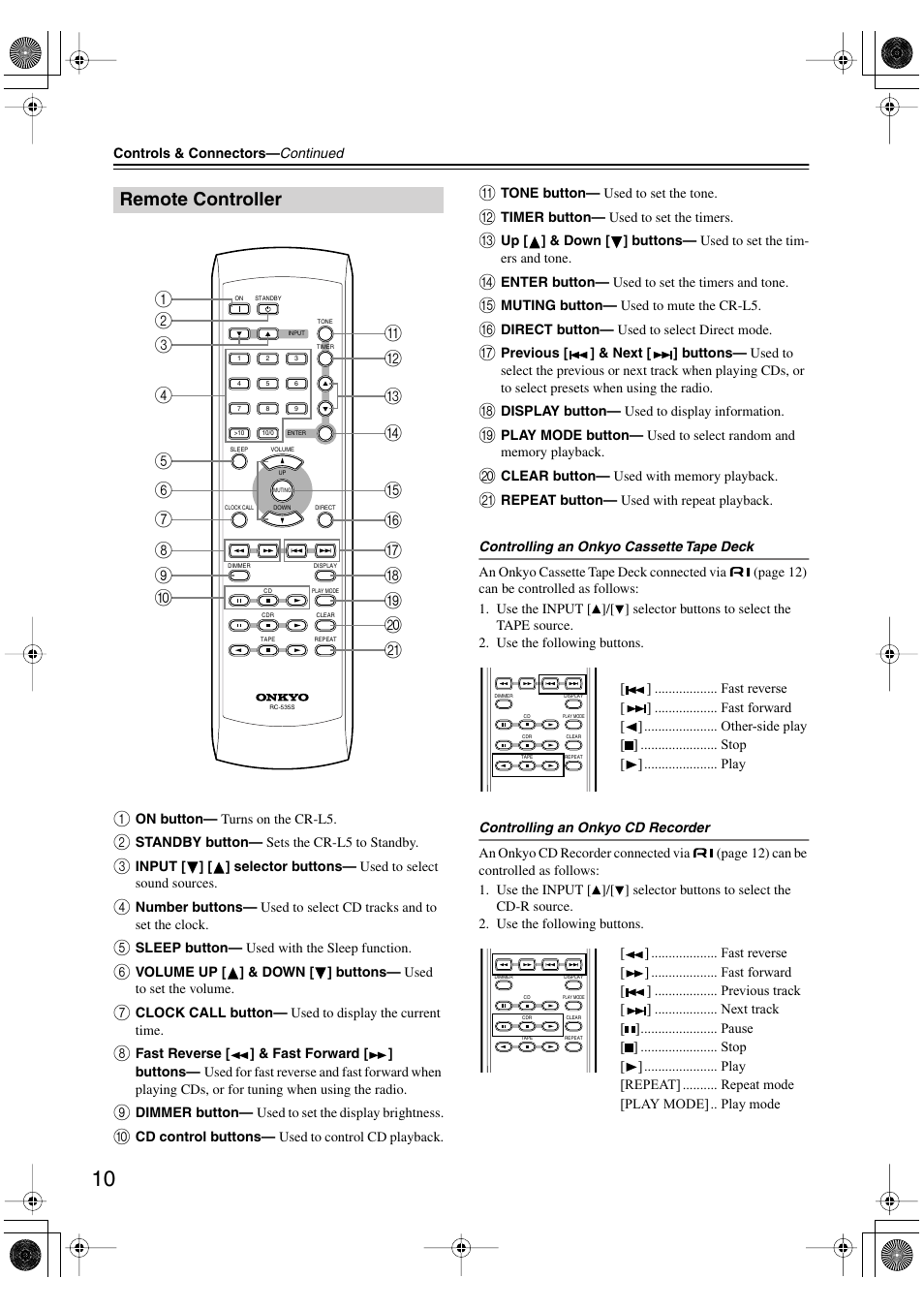 Remote controller | Onkyo CR-L5 User Manual | Page 10 / 32