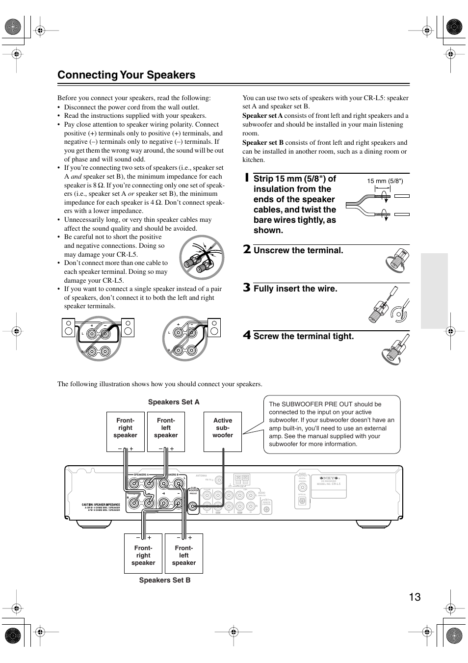 13 connecting your speakers, Unscrew the terminal, Fully insert the wire | Screw the terminal tight | Onkyo CR-L5 User Manual | Page 13 / 32