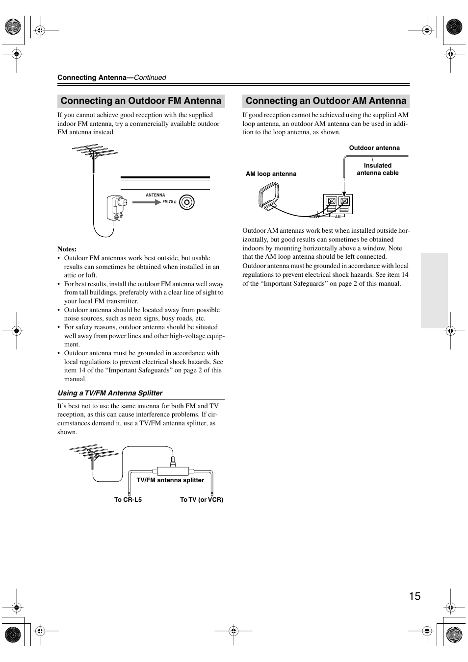 Connecting an outdoor fm antenna, Connecting an outdoor am antenna | Onkyo CR-L5 User Manual | Page 15 / 32