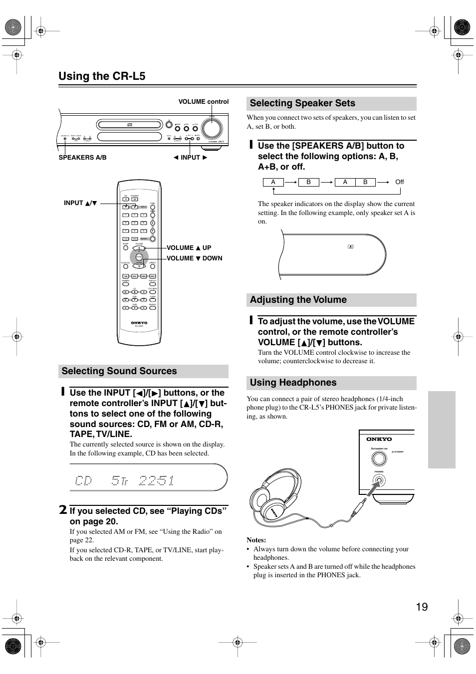 19 using the cr-l5, Selecting sound sources, If you selected cd, see “playing cds” on page 20 | Onkyo CR-L5 User Manual | Page 19 / 32