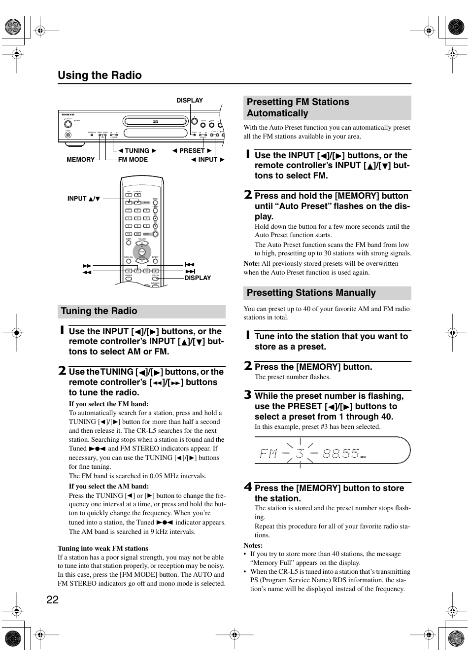 22 using the radio, Tuning the radio | Onkyo CR-L5 User Manual | Page 22 / 32