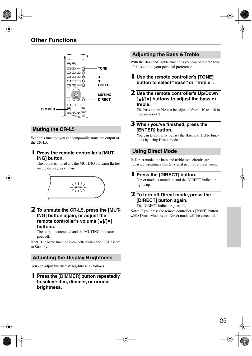 25 other functions, Muting the cr-l5 adjusting the display brightness, Adjusting the bass & treble using direct mode | Onkyo CR-L5 User Manual | Page 25 / 32