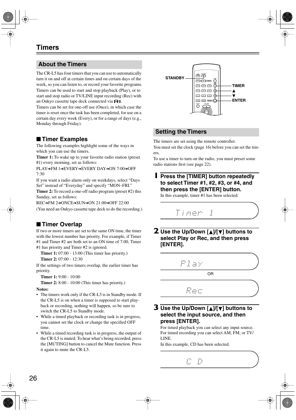 26 timers, Timer examples, Timer overlap | About the timers setting the timers | Onkyo CR-L5 User Manual | Page 26 / 32