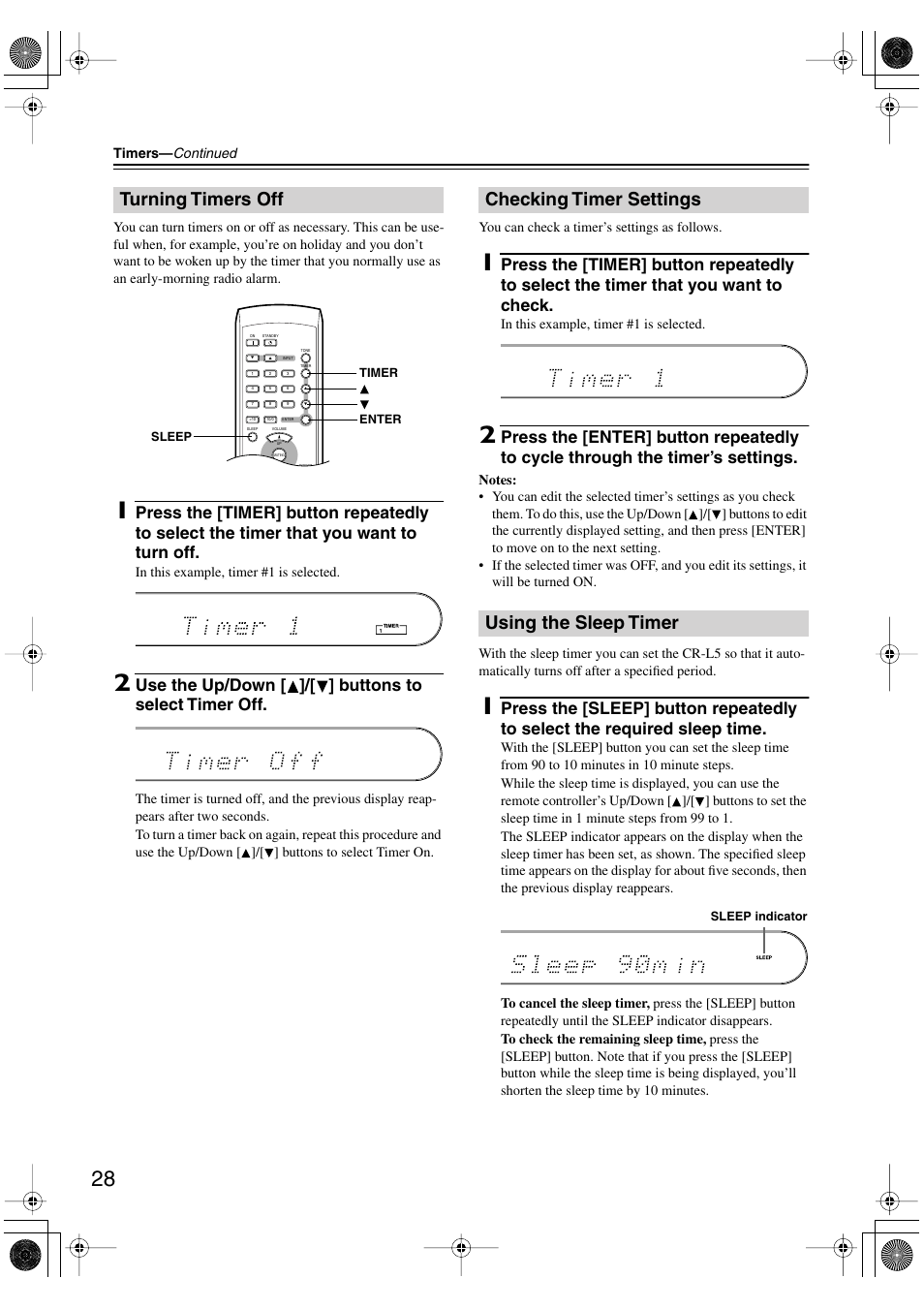 Turning timers off, Checking timer settings using the sleep timer | Onkyo CR-L5 User Manual | Page 28 / 32