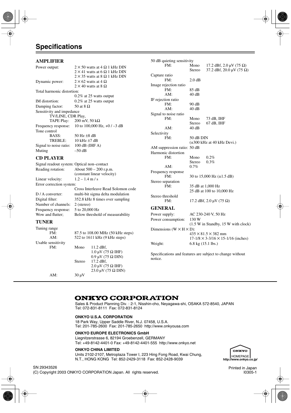 Specifications | Onkyo CR-L5 User Manual | Page 32 / 32