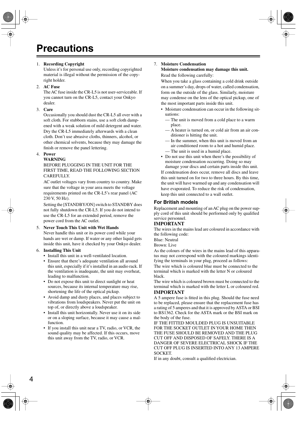Precautions | Onkyo CR-L5 User Manual | Page 4 / 32