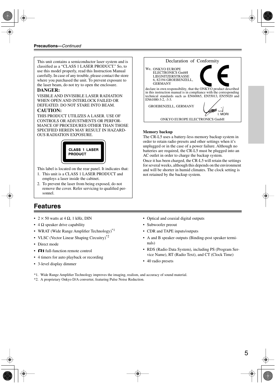 Features | Onkyo CR-L5 User Manual | Page 5 / 32