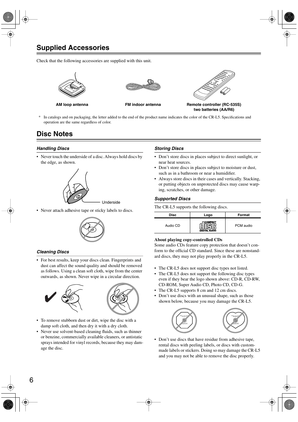 6 supplied accessories | Onkyo CR-L5 User Manual | Page 6 / 32