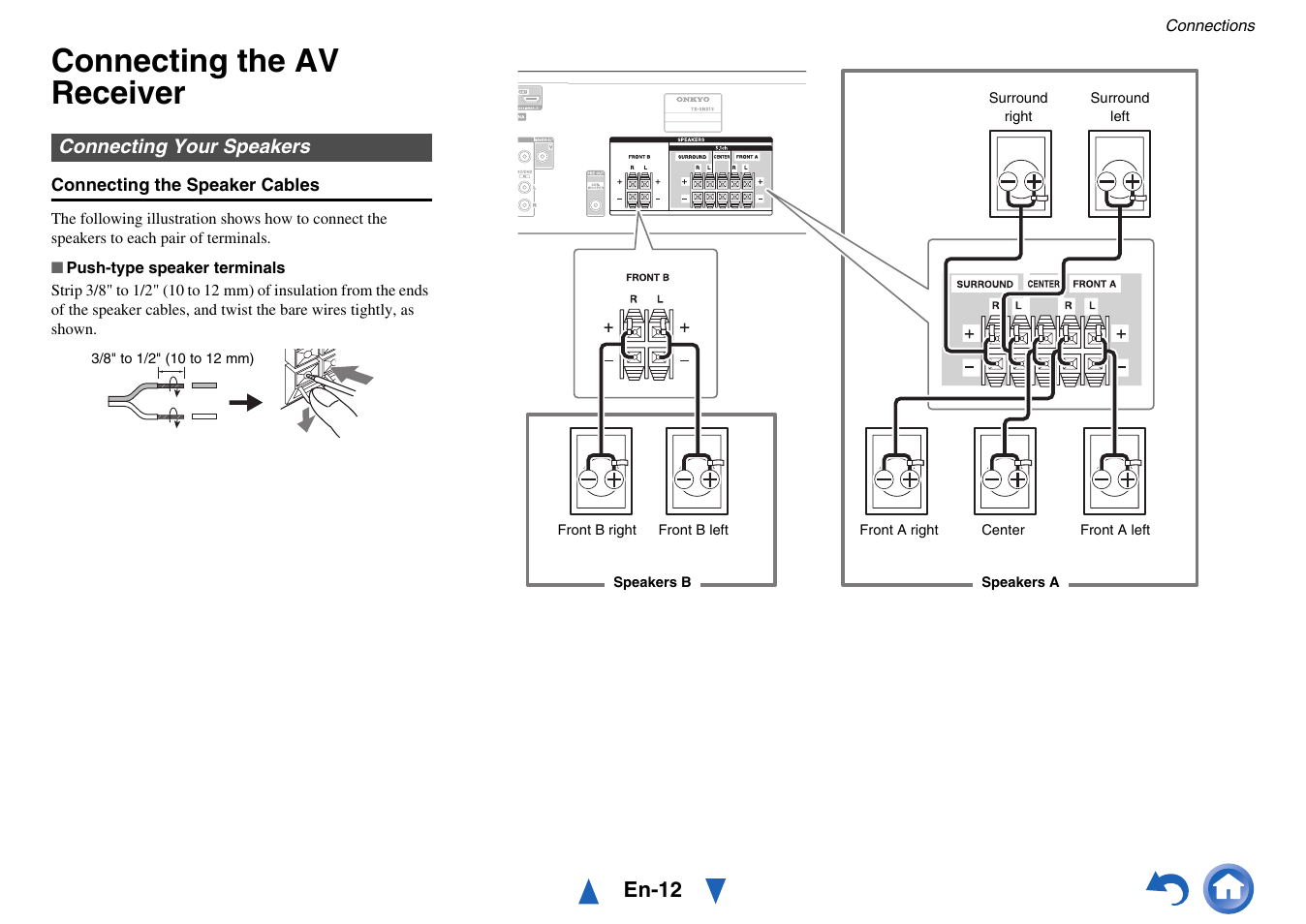 Connections, Connecting the av receiver, Connecting your speakers | See “connecting the av receiver” for, En-12 | Onkyo TX-SR313 User Manual | Page 12 / 68