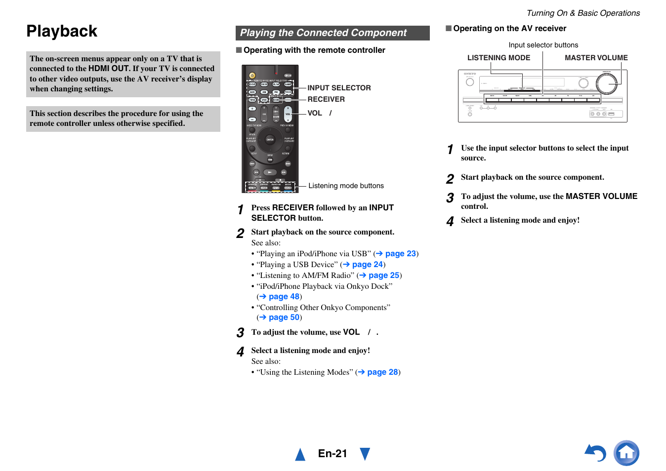 Playback, Playing the connected component | Onkyo TX-SR313 User Manual | Page 21 / 68