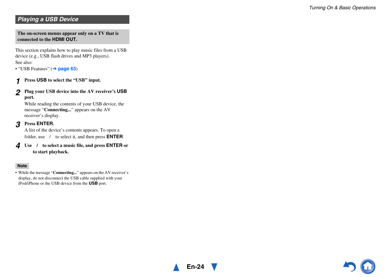 Playing a usb device | Onkyo TX-SR313 User Manual | Page 24 / 68