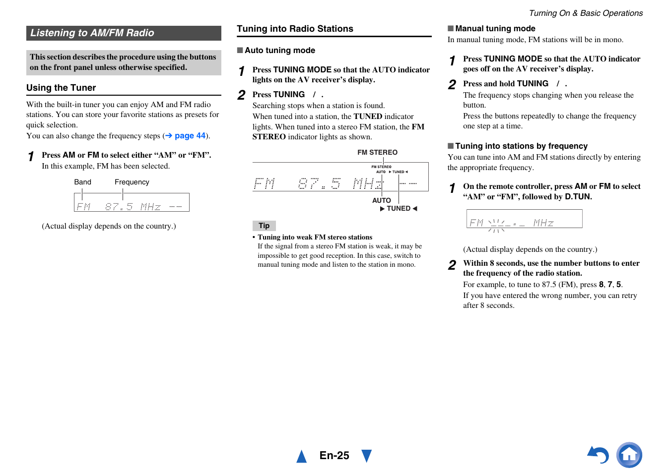 Listening to am/fm radio, Button | Onkyo TX-SR313 User Manual | Page 25 / 68